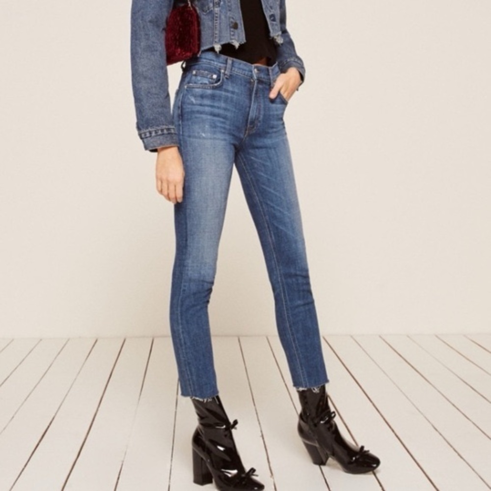 REFORMATION Stretch Crop Cigarette Raw Hem Jean Tigris Medium Wash Denim